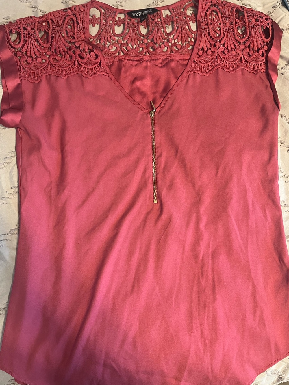 Express Coral Pink Lace-Yoke Zip Front Blouse